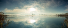 Panoramic Mirror Reflex Over The Water In A Foggy Morning At Ripasottile Lake, Rieti, Lazio, Italy
