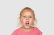 © Tatiana Foxy - Portrait of funny caucasian little girl of 5 years looking at camera with open mouth and angry face like animal on white background