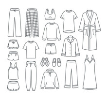 Women Home Clothes. Simple Flat Thin Line Vector Icons. Comfortable Loungewear Garments To Wear At Home. Pants, Shirts, Pajamas, Bathrobe, Sweatshirts, Sweatpants And Slippers. Outline Minimal Symbols