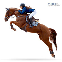Jockey On Horse. Champion. Horse Riding. Equestrian Sport. Jockey Riding Jumping Horse. Poster. Sport Background. Isolated Vector Illustration