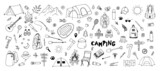 Fototapeta  - Big hand drawn camping set. Vector doodle cliparts. Travel design.