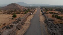 Birds Eye View Of Avenue Of Dead And Pyramid Of Sun In Teotihuacan Complex, Mexico. Amazing Drone View Of Travel Destination And Unesco World Heritage With Temple Of Sun In Valley Near Mexico City