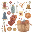 Watercolor clipart on the theme of cozy knitting: balls of yarn, a basket of yarn, a crochet hook with a wooden handle, wooden buttons, spools of thread, a pin, a thimble, a tag. Symbols for design