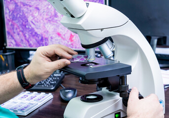 Laboratory assistant works with microscope at the modern laboratory.