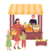 Family purchasing fresh fruit at local market. Biological farming and selling natural products flat vector illustration