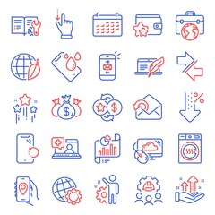 Technology icons set. Included icon as Stars, Low percent, Analysis graph signs. Synchronize, Mail, Calendar symbols. Businessman case, Employee, Dryer machine. Cloud computing, Send mail. Vector