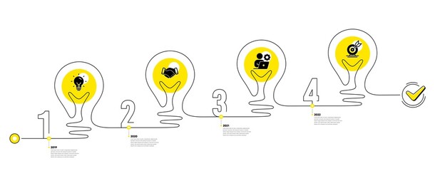 Poster - Lightbulb journey path infographics. Business Infographic timeline with 4 steps. Workflow process diagram with Idea, Deal handshake, Working employee and Goal target icons. Vector