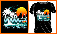 Venice Beach Surfing Illustration And Colorful Design. Venice Beach Surfing Vector T-shirt Design In The Black Background. Graphics For The Print Products, T-shirt, Vintage Sports Apparel.