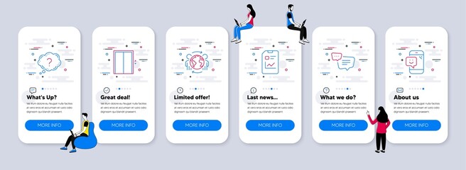 Aufkleber - Technology icons set. UI phone app screens with teamwork. Included icon as Global business, Question mark, Report document signs. Text message, Lift, Smile line icons. Vector