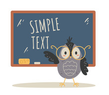 Owl Bird Teacher Character Standing Near Blackboard And Pointing. Vector Flat Graphic Design Cartoon Illustration