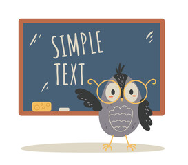 Owl bird teacher character standing near blackboard and pointing. Vector flat graphic design cartoon illustration