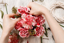Woman Making Bouquet Of Red And White Carnation Flowers.