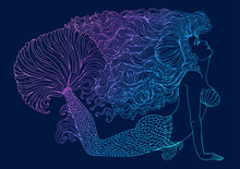 Vector Drawing Fantastic Sea Mermaid With Developing Long Wavy Hair Decorated Water Lily. Sea Goddess With A Lush Fin Tail Lies On The Bottom And Looks. Pattern Ornamental Neon Luminous Fairy Tale