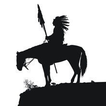 A Vector Silhouette Of An American Indian Chief On A Horse.