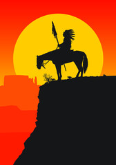 Wall Mural - A vector silhouette of an American Indian chief on a horse overlooking a western desert sunset scene.