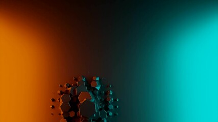 Poster - 3D background with moving dots on surface. Design. 3D polygonal points move in circle on surface. Multi-colored surface with moving circle of three-dimensional stones