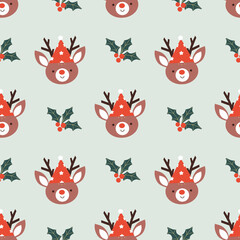 Wall Mural - Children's Christmas illustration with Santa, deer and small decorative elements.  Festive illustration for wrapping paper, textiles, decorations.