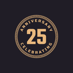 Vintage Retro 25 Year Anniversary Celebration with Circle Border Pattern Emblem. Happy Anniversary Greeting Celebrates Event Isolated on Black Background