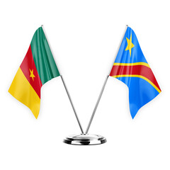 Two table flags isolated on white background 3d illustration, cameroon and dr congo