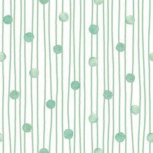 Teal Watercolor Polka Dot And Stripes On White Background. Seamless Pattern. For Wallpaper, Textile, Wrapping Paper, Packaging Design And Interior Decoration.
