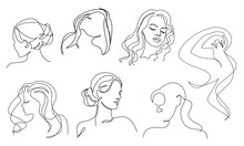 Collection. Silhouettes Of A Girl's Head In A Modern One Line Style. Continuous Line Drawing, Aesthetic Outline For Home Decor, Posters, Wall Art, Stickers, Logo. Vector Illustration Set.