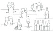 Set of wine glasses and bottles - continuous line drawing. Alcohol set. Vector illustration
