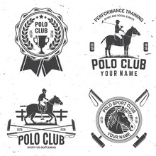 Set Of Polo Club Sport Badges, Patches, Emblems, Logos. Vector Illustration. Vintage Monochrome Equestrian Label With Rider And Horse Silhouettes. Polo Club Competition Riding Sport. Concept For Shirt