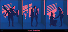 Couple Of Lovers. Romantic Silhouettes At Window. Home Self-isolation