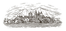 Old Town Against Backdrop Of Mountain Landscape. Engraved Illustration Of A Hand Drawn Sketch In Vintage Retro Style