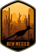 New Mexico Vector Label With Greater Roadrunner In Desert With Saguaro