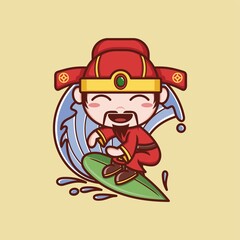 cute cartoon caishen god in chinese new year surfing the waves. vector illustration for mascot logo or sticker