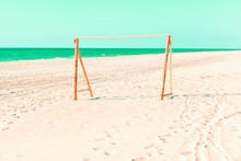 Wooden Football Gate At The Beach . Seaside Football Stadium 