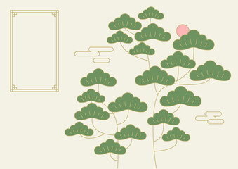 Vector illustration of Korean traditional painting with pine trees.