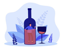 Scared Man Trapped In Huge Bottle Of Wine. Alcoholic Inside Of Wine Bottle, Wineglass Flat Vector Illustration. Alcohol, Alcoholism, Addiction Concept For Banner, Website Design Or Landing Web Page