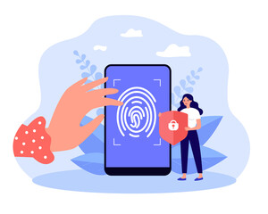Poster - Huge hand touching fingerprint on smartphone screen. Tiny happy woman holding shield flat vector illustration. Technology, security, privacy concept for banner, website design or landing web page