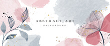 Abstract Art Botanical Background Vector. Luxury Wallpaper Design With Women Face, Leaf, Flower And Tree  With Earth Tone Watercolor And Gold Glitter. Minimal Design For Text, Packaging And Prints.