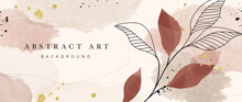 Abstract Art Botanical Background Vector. Luxury Wallpaper Design With Women Face, Leaf, Flower And Tree  With Earth Tone Watercolor And Gold Glitter. Minimal Design For Text, Packaging And Prints.
