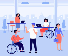 Poster - Accessible workplace with employees in wheelchairs. Office worker in wheelchair talking to colleague flat vector illustration. Accessibility concept for banner, website design or landing web page