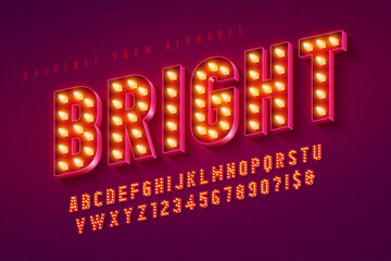 Poster - retro cinema alphabet design, cabaret, led lamps letters and numbers.