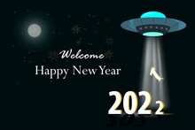3D UFO, Vector Alien Spaceship With White Light Happy New Year    Pulls Number 1  And Above In The 2022 Figure. Vector Illustration Background In Blue Color