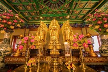 Bangkok, Thailand - December, 20, 2021 :  Golden Buddha Statue In Leng Noei Yi 2 Or Mangkon Temple In Bangkok, Thailand.