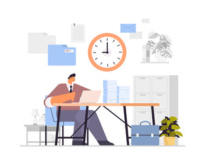 Poster - overworked businessman using laptop at workplace busy business man working in office paperwork deadl