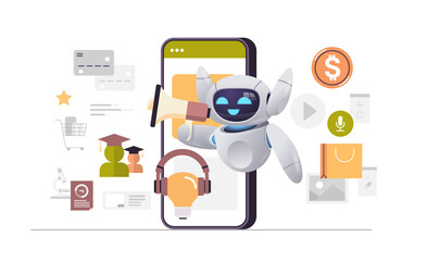 Poster - robot using loudspeaker on smartphone screen chatbot ai faq service mobile business assistant concep