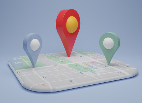 GPS. navigator pin checking  with map on light blue background. Location pin, location map, location icon. 3d rendering illustration.