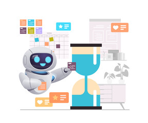 Poster - busy robotic character working or studying on laptop near hourglass deadline efficiency artificial i