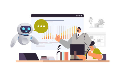 Poster - businesspeople with robot analyzing statistics graph on digital screen business data analysis monito
