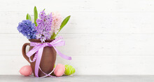 Hyacinth Flowers Bouquet And Easter Eggs