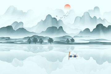 Wall Mural - New Chinese blue artistic conception landscape painting