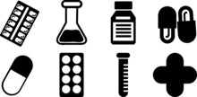  Pharmaceutical Icons Set. Set Of Pharmaceutical Filled Icons Such As Test Tube, Pill, Medical Bottle, Ampoule, Medical Pills, Medicine, Pharmacy.eps