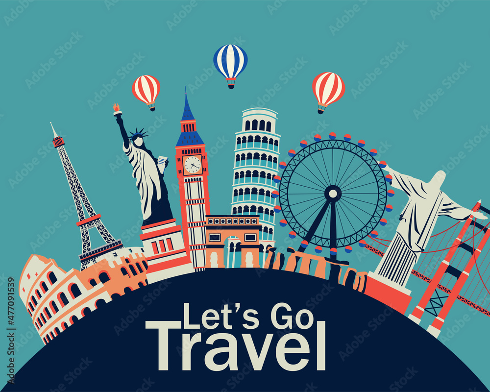 travel around the world banner background. Let's go travel banner  background. world famous travel destination and tourist landmarks. vector  illustration in flat style modern design. Stock Vector | Adobe Stock, image size:1000x800
